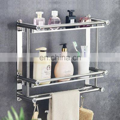 Two Tier Wall Mounted bathroom Rack Bathroom Shelf Stainless Steel Hanging Rack Shampoo Storage Organizer Towel Rack with Hoo
