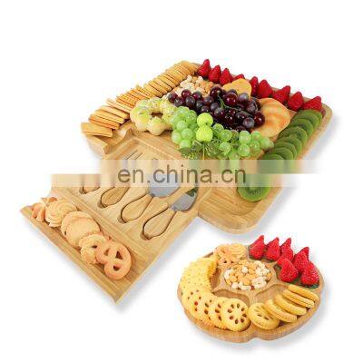 Unique Bamboo Cheese Board Charcuterie Platter Serving Tray With 4 Stainless Steel Knife