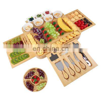 100% Natural Bamboo Cheese Board Set 4 Hidden Drawers Food Serving Charcuterie Board Bamboo Cheese Board With Knife Set