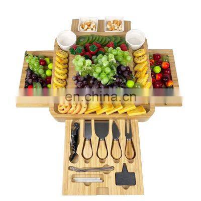 Bamboo Wood Charcuterie Platter Magnetic Slide-Out Drawers Cheese Board Set With Cutlery Knife