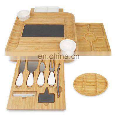 Bamboo Cheese Board and Knife Set Wooden Charcuterie Bamboo Platter & Serving Meat Tray w/Slide-Out Drawers