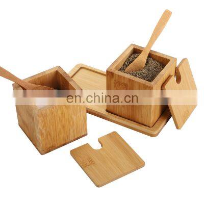 Wooden Square Containers Bamboo Salt Boxes With Lids Dippers And Tray