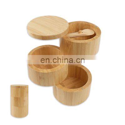 Bamboo Wood 3 Tire Divided Spice Box With Swivel Cover And Spoon